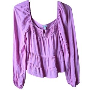 Love, Fire Pink Tiered Peplum Blouse Medium Long Sleeve Smocked Rayon Top